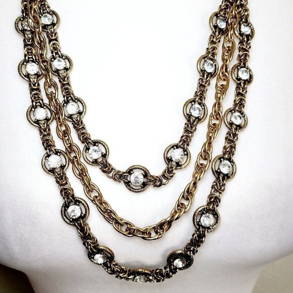 Antiqued Gold Tone Triple Strand Necklace Rhinestones Weighty Nautical Clasp 32" - Picture 2 of 7